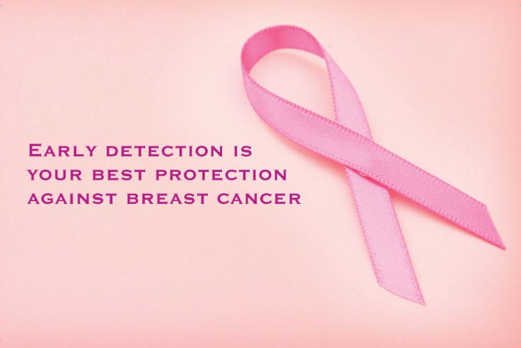 A pink breast cancer awareness ribbon lies on a pink background next to text that reads, Early detection—through mammograms or thermography—is your best protection against breast cancer.