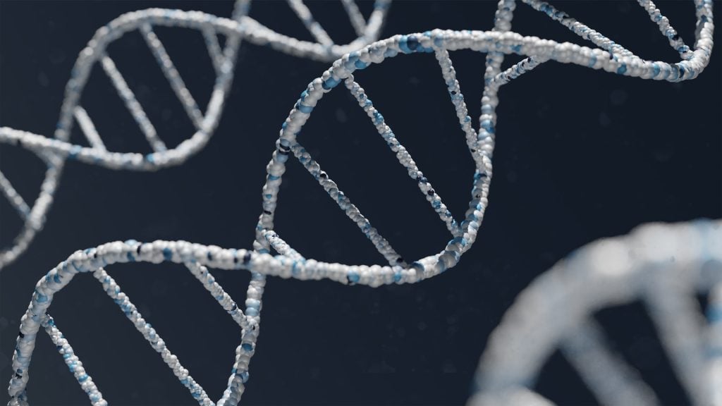 Close-up of a DNA double helix structure with strands and connecting base pairs visible, set against a dark background. The image highlights the twisted ladder shape, symbolizing advances in adaptive therapy for the future of cancer treatment.