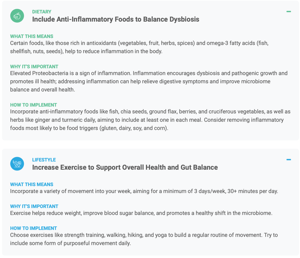 A screenshot with two health tips: one about including anti-inflammatory foods to balance dysbiosis, and another about increasing exercise for gut health. Each tip details its meaning, importance, and how microbiome testing like Viome can help personalize your approach.