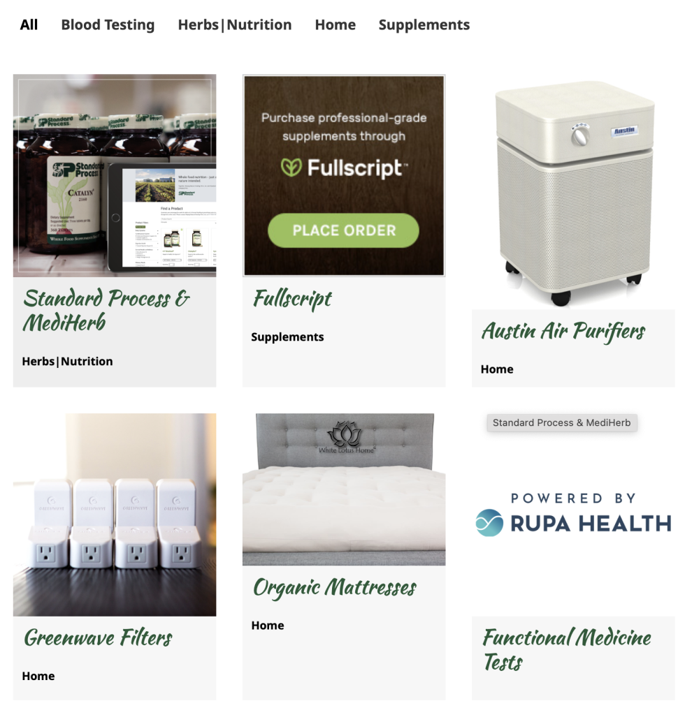 Grid of health and wellness products from the East Troy Acupuncture shop: supplements, an air purifier, plug-in filters, organic mattresses, and functional lab tests powered by Rupa Health.