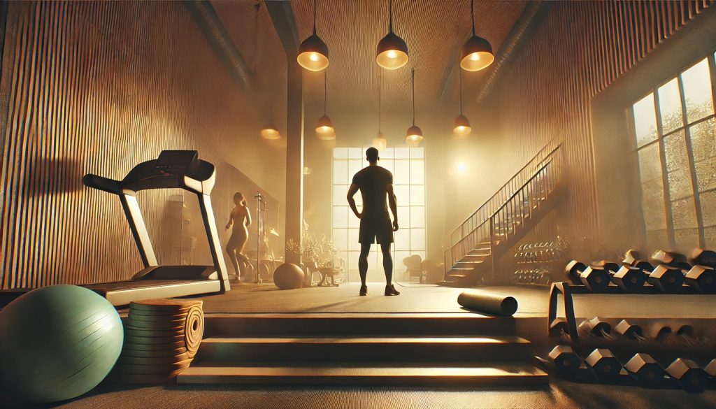 A person stands in the center of a spacious, modern gym lit by warm sunlight, surrounded by fitness equipment, building healthy habits step by step, while another person works out in the background.