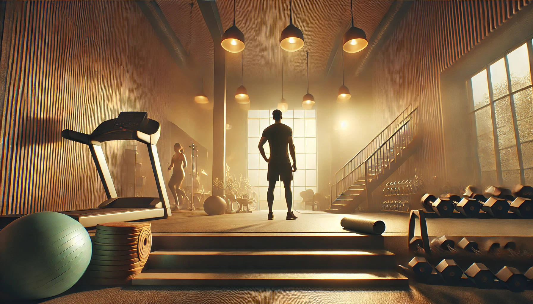 A person stands in the center of a spacious, modern gym lit by warm sunlight, surrounded by fitness equipment, building healthy habits step by step, while another person works out in the background.