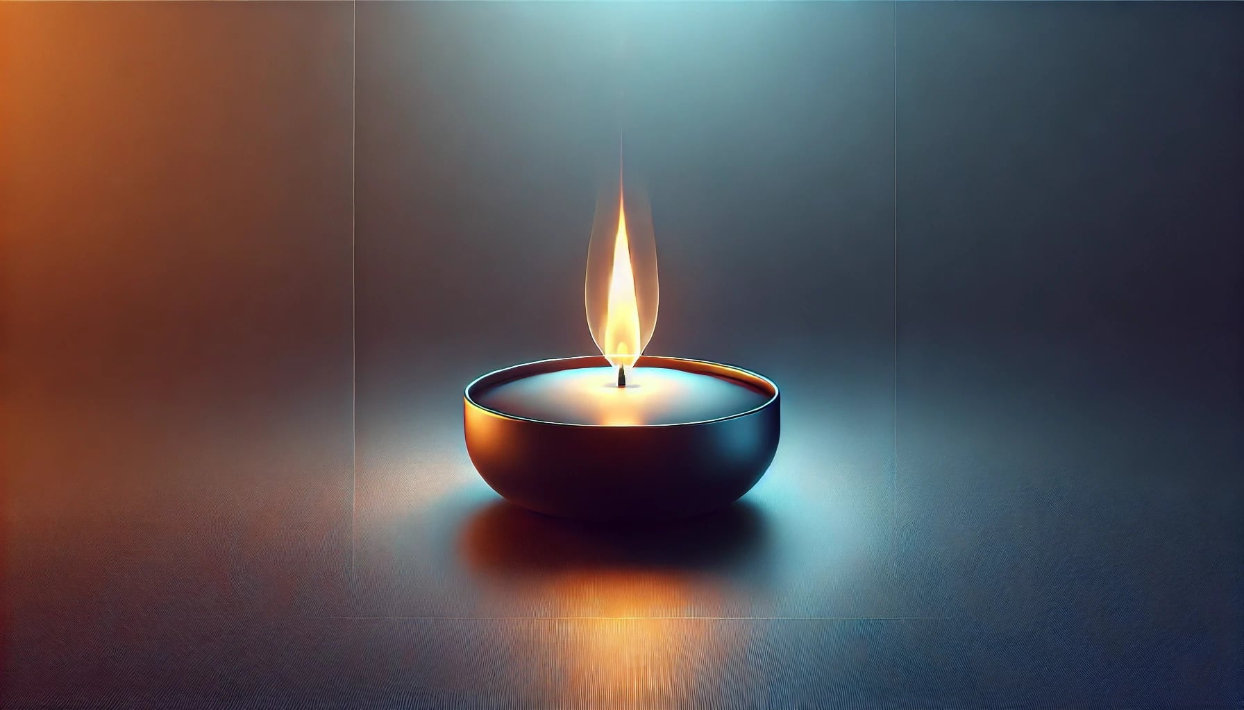 A single, small candle in a round, dark holder burns with a bright flame, casting a soft, warm glow on the smooth surface below—an inviting scene ideal for meditation against a gradient blue and orange background.