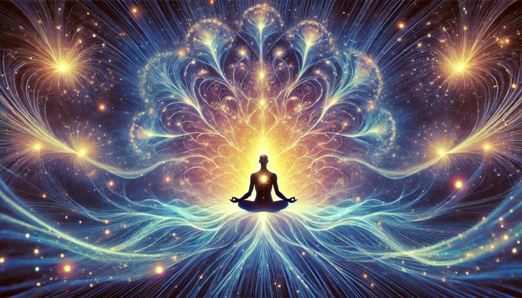 A silhouetted person meditates in a lotus position, surrounded by radiant, swirling light patterns and cosmic energy, with a glowing heart center that radiates coherence and star-like bursts in a vibrant, mystical background.