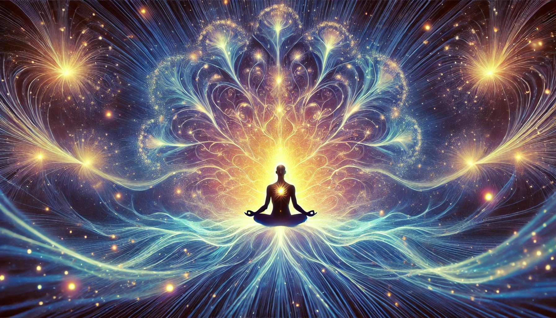 A silhouetted person meditates in a lotus position, surrounded by radiant, swirling light patterns and cosmic energy, with a glowing heart center that radiates coherence and star-like bursts in a vibrant, mystical background.