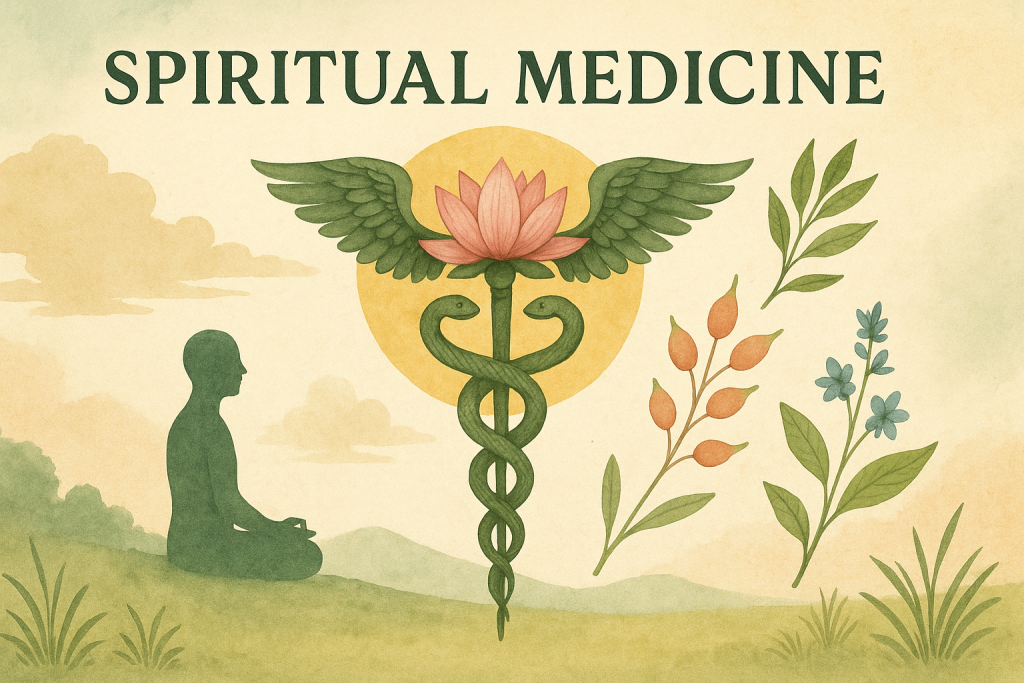 Illustration with the words “Spiritual Medicine,” featuring a meditating figure, a caduceus with a lotus flower, and various plants on a nature background in soft green and yellow tones, symbolizing healing from the heart and emotional imbalance.