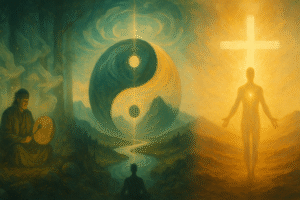 A mystical scene features a shaman drumming on the left, a glowing yin-yang symbol at the center, and a radiant figure with a cross on the right, illustrating harmony and spiritual healing between nature and spirituality.
