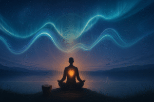A person meditates by a lake at night, surrounded by glowing waves of light and energy. The sky is filled with stars and swirling blue auroras, creating a serene and mystical atmosphere. A drum sits nearby.