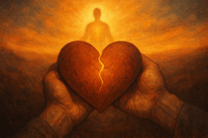 Two hands hold a cracked heart, with a glowing, radiant figure standing in the background, surrounded by warm, golden light, creating a sense of hope and healing.