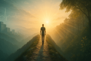 A person walks along a stone path on a mountain ridge toward a glowing sunrise, surrounded by lush trees, with distant city buildings and a subtle heartbeat line in the sky.