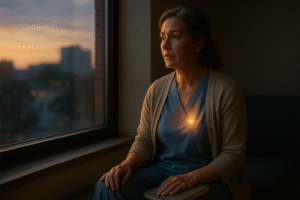 A woman in scrubs sits by a window at sunset, holding a closed book. Warm light shines on her chest, suggesting hope or emotion, as she gazes thoughtfully outside at the city skyline.