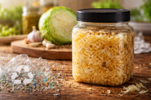 A glass jar filled with sauerkraut sits on a wooden table near a plastic bag with a recycling symbol and some scattered plastic pellets. In the background are garlic, a half cabbage, and leafy greens.