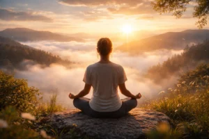 A person sits cross-legged on a rock, meditating at sunrise above a foggy, tree-covered valley, with golden sunlight illuminating the scene and mountains in the distance.