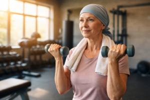 A woman wearing a headscarf and a towel around her neck lifts dumbbells in a gym, with sunlight streaming through large windows and gym equipment in the background.