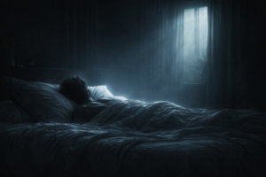 A person lies in bed under a blanket in a dark room, illuminated by soft blue light streaming through a window with curtains, creating a peaceful, nighttime atmosphere.