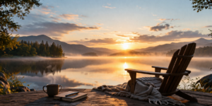A cozy wooden chair, blanket, mug, book, and journal rest on a lakeside deck at sunrise, overlooking calm water with mist, surrounded by trees and mountains under a partly cloudy sky.