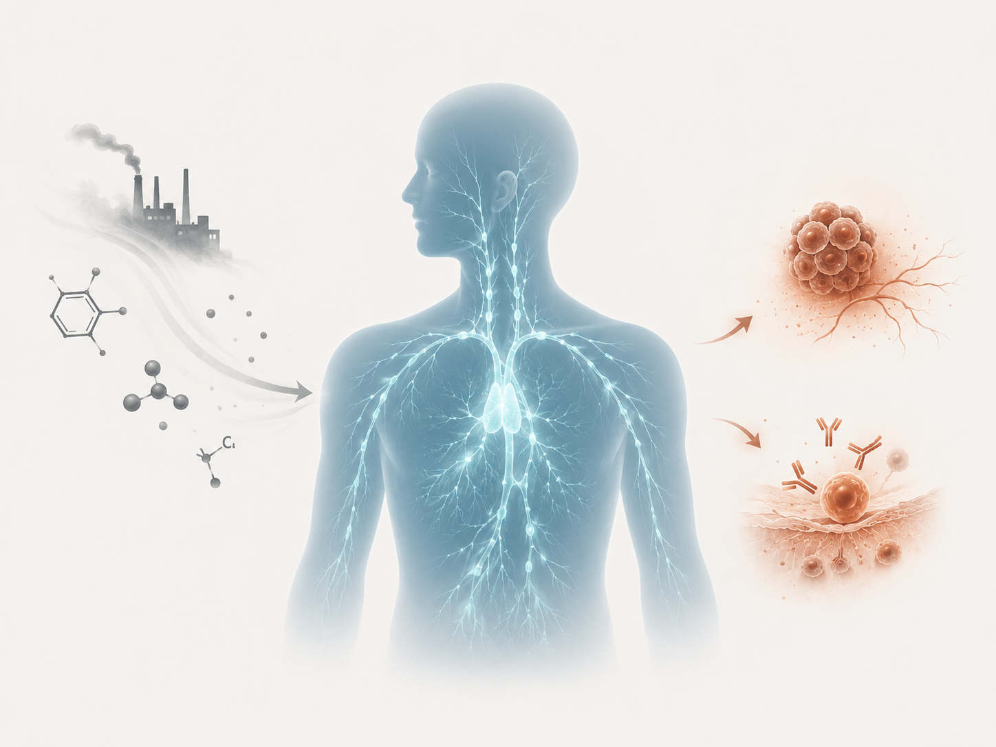 Illustration of a human figure with highlighted respiratory system, showing air pollution and chemical molecules entering the body and leading to cellular changes and immune responses on the right.
