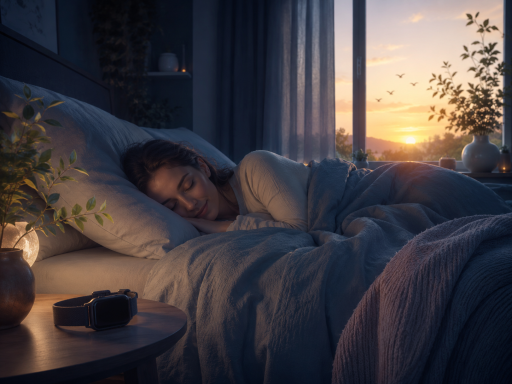 A woman sleeps peacefully in bed at dawn, illuminated by soft morning light from a window. Birds fly outside against a sunrise sky. A smartwatch rests on a bedside table next to a potted plant. The scene feels cozy and serene.