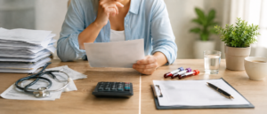 A person sits at a desk reviewing a document, surrounded by medical papers, a stethoscope, a calculator, blood sample tubes, a clipboard, a glass of water, and a potted plant.