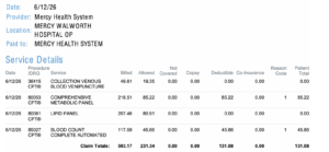 A medical bill showing four service details, including dates, procedures, amounts billed and allowed, and patient totals for lab work at Mercy Health System on 6/12/26. The total patient responsibility is $131.08.