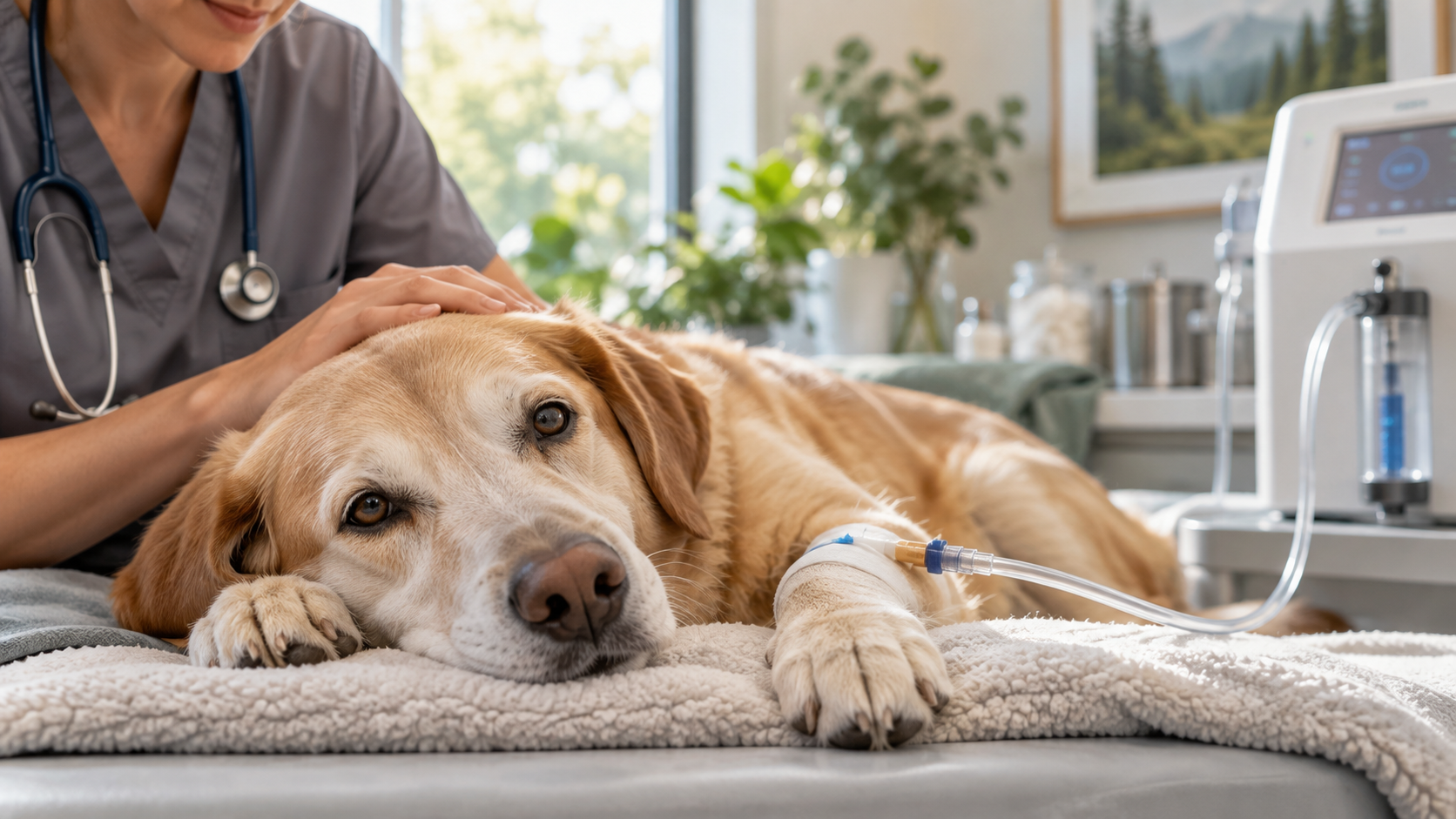 A golden retriever lies on a medical table with an IV Vitamin C drip in its leg, while a veterinarian—practicing integrative oncology—gently pets its head. Medical equipment and plants are visible in the background.