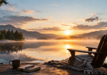 A cozy wooden chair, blanket, mug, book, and journal rest on a lakeside deck at sunrise, overlooking calm water with mist, surrounded by trees and mountains under a partly cloudy sky.