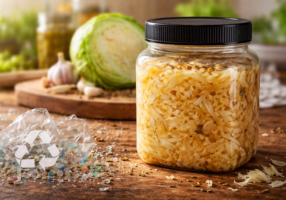 A glass jar filled with sauerkraut sits on a wooden table near a plastic bag with a recycling symbol and some scattered plastic pellets. In the background are garlic, a half cabbage, and leafy greens.