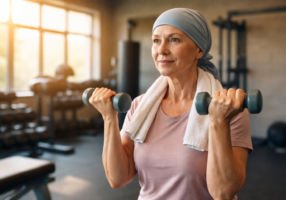 A woman wearing a headscarf and a towel around her neck lifts dumbbells in a gym, with sunlight streaming through large windows and gym equipment in the background.
