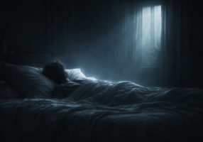A person lies in bed under a blanket in a dark room, illuminated by soft blue light streaming through a window with curtains, creating a peaceful, nighttime atmosphere.
