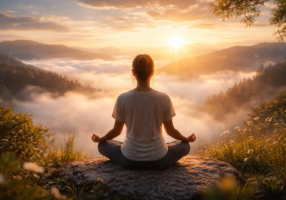 A person sits cross-legged on a rock, meditating at sunrise above a foggy, tree-covered valley, with golden sunlight illuminating the scene and mountains in the distance.