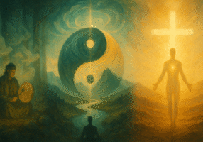 A mystical scene features a shaman drumming on the left, a glowing yin-yang symbol at the center, and a radiant figure with a cross on the right, illustrating harmony and spiritual healing between nature and spirituality.