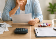 A person sits at a desk reviewing a document, surrounded by medical papers, a stethoscope, a calculator, blood sample tubes, a clipboard, a glass of water, and a potted plant.