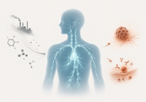 Illustration of a human figure with highlighted respiratory system, showing air pollution and chemical molecules entering the body and leading to cellular changes and immune responses on the right.