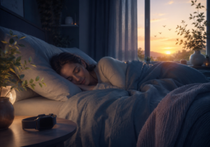 A woman sleeps peacefully in bed at dawn, illuminated by soft morning light from a window. Birds fly outside against a sunrise sky. A smartwatch rests on a bedside table next to a potted plant. The scene feels cozy and serene.