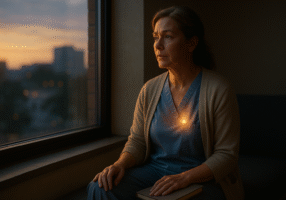 A woman in scrubs sits by a window at sunset, holding a closed book. Warm light shines on her chest, suggesting hope or emotion, as she gazes thoughtfully outside at the city skyline.
