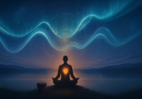 A person meditates by a lake at night, surrounded by glowing waves of light and energy. The sky is filled with stars and swirling blue auroras, creating a serene and mystical atmosphere. A drum sits nearby.