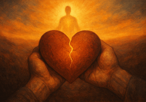 Two hands hold a cracked heart, with a glowing, radiant figure standing in the background, surrounded by warm, golden light, creating a sense of hope and healing.