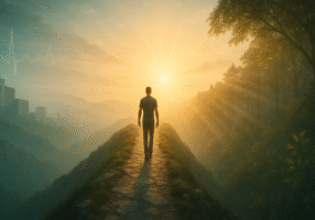 A person walks along a stone path on a mountain ridge toward a glowing sunrise, surrounded by lush trees, with distant city buildings and a subtle heartbeat line in the sky.